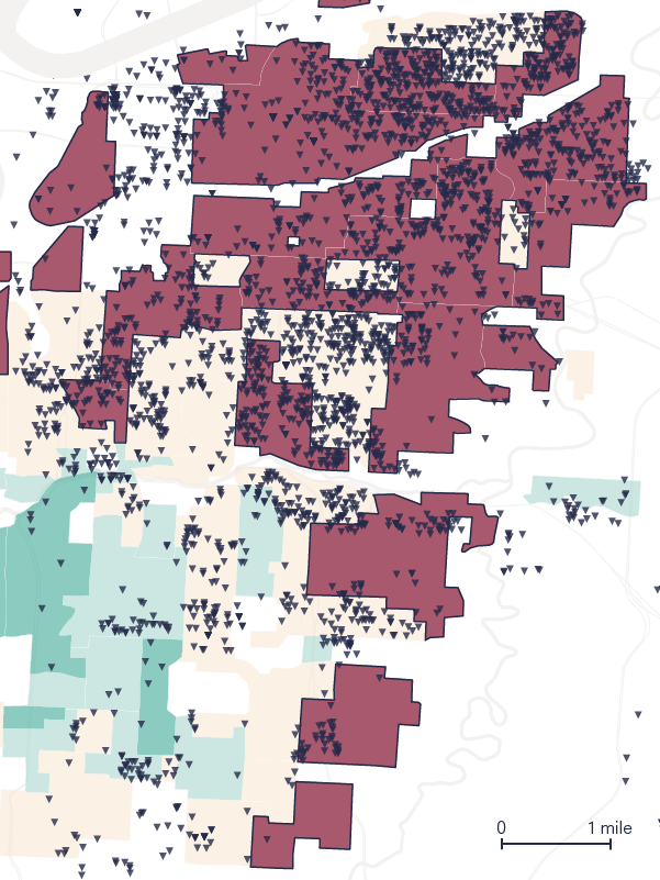 A map of Kansas City, Missouri, showing the majority of addresses offered slow speeds are clustered in historically redlined areas.