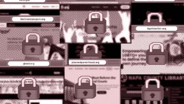 Illustration of cascading website browsers for sites like Wikipedia, Google, Nasa, It Gets Better and The Trevor Project; the browser windows have an inverted halftone filter that obscures the site's content