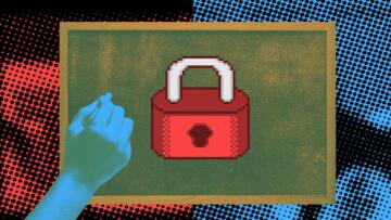 Photo collage of a hand holding chalk in front of a chalkboard displaying a red pixelated lock
